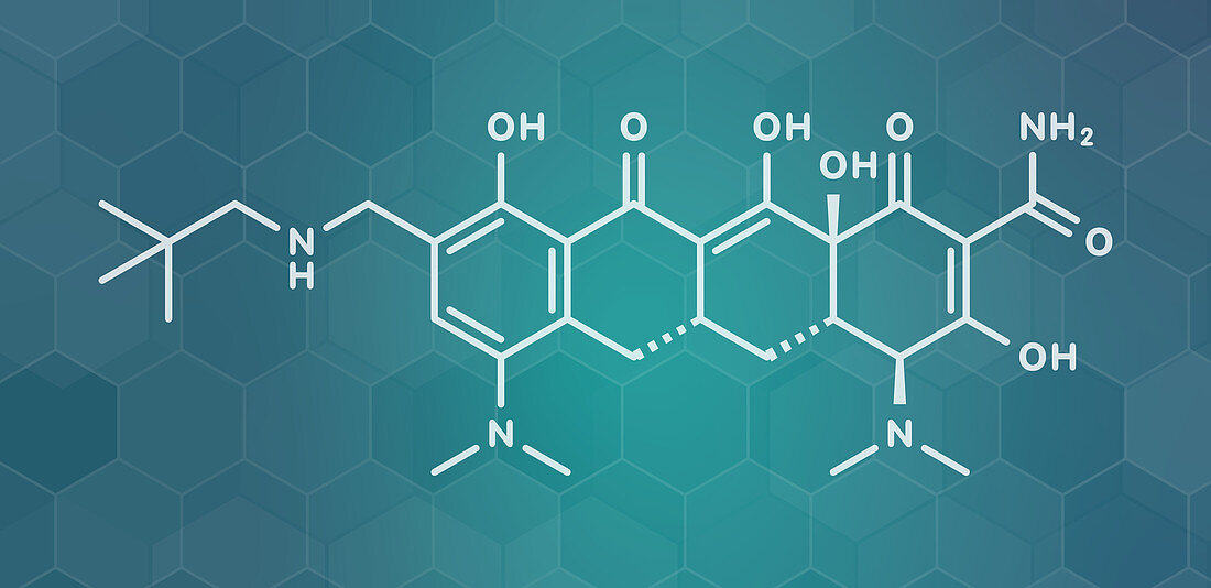 Omadacycline antibiotic drug molecule, illustration