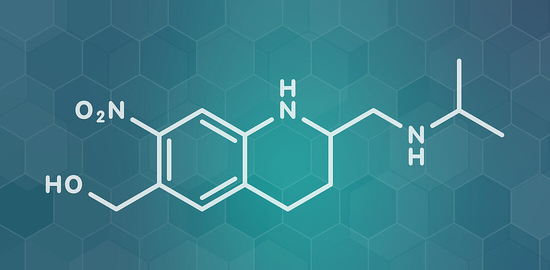 Oxamniquine anthelmintic drug molecule, illustration