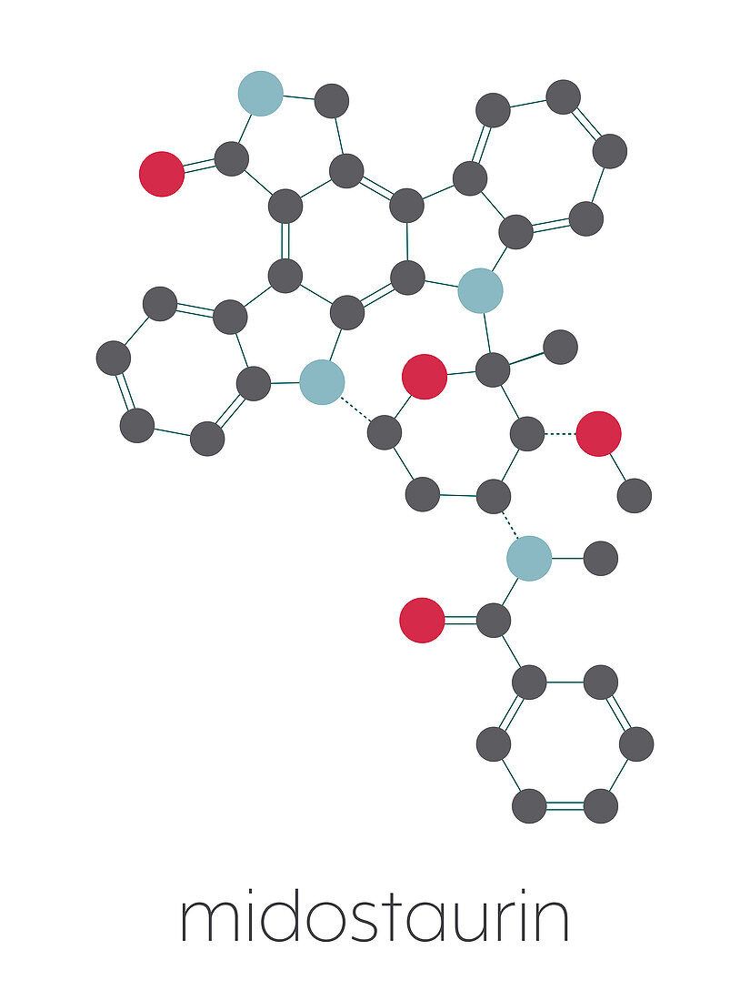 Midostaurin cancer drug molecule, illustration