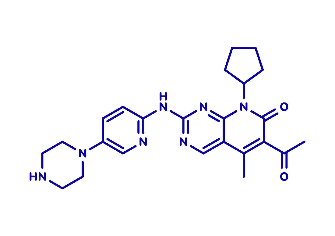 Palbociclib breast cancer drug molecule, illustration