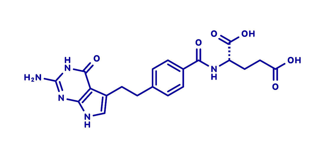 Pemetrexed lung cancer drug molecule, illustration