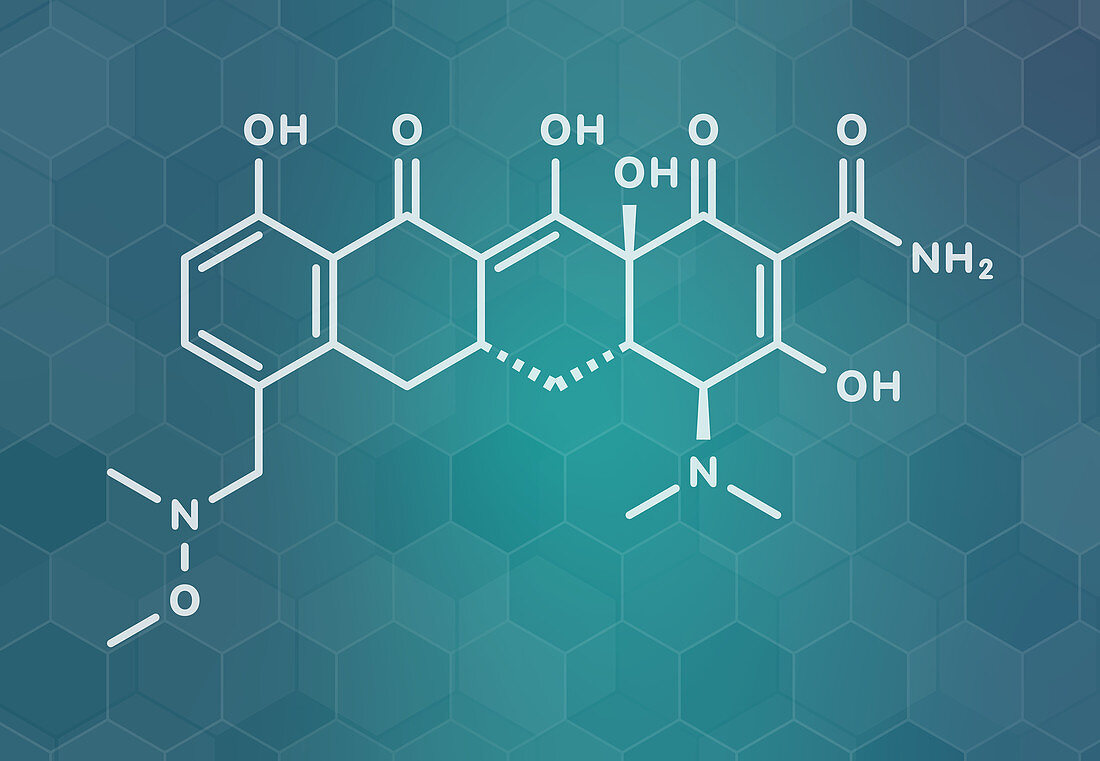 Sarecycline antibiotic drug molecule, illustration