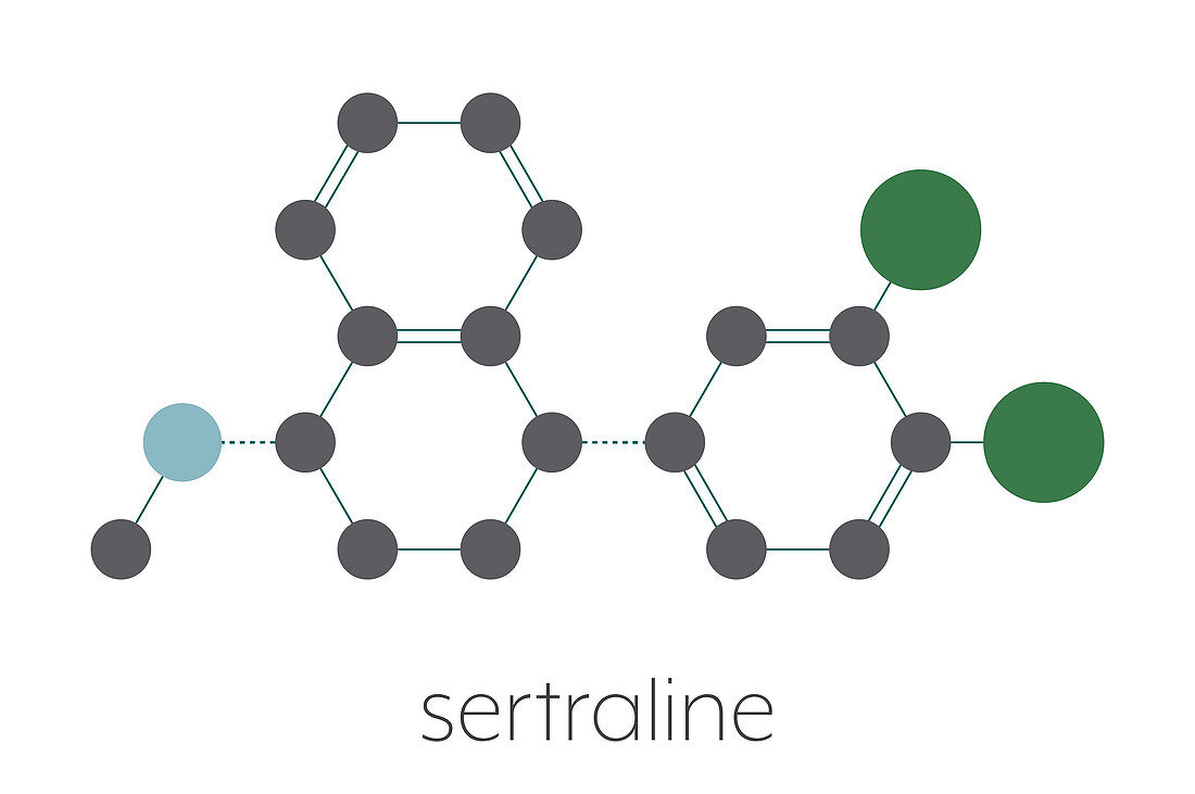 Sertraline antidepressant drug molecule, illustration