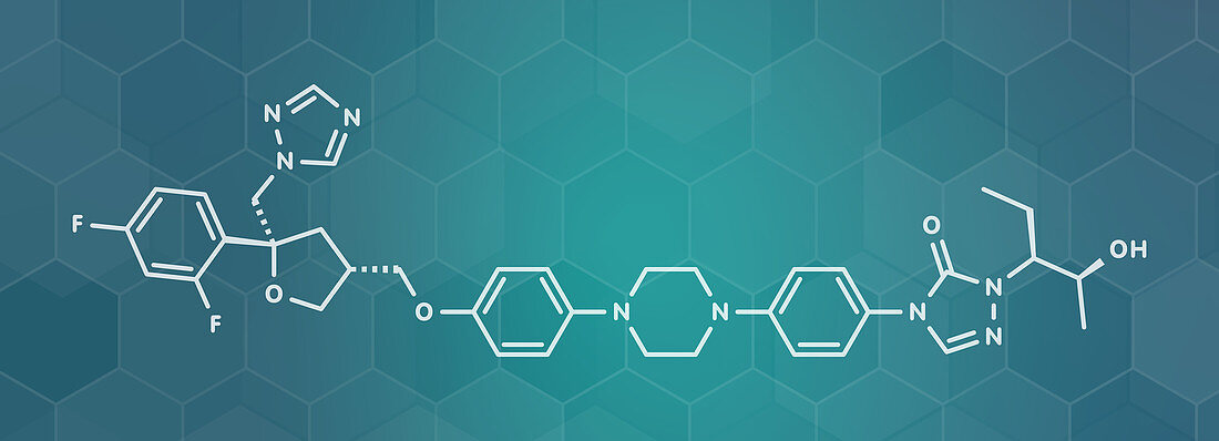Posaconazole antifungal drug molecule, illustration