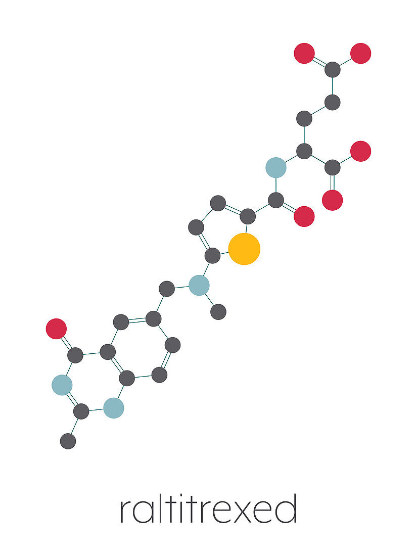 Raltitrexed cancer chemotherapy drug molecule, illustration