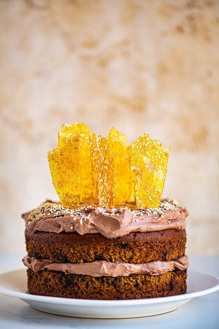 Tahini Cake with Chocolate Sesame Frosting and Sesame Caramel Shards