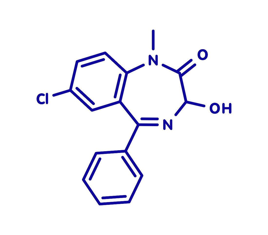 Temazepam benzodiazepine drug molecule, illustration
