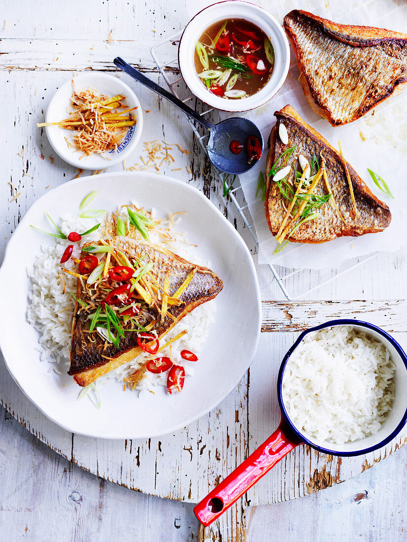 Crisp-skinned ginger fish with coconut rice