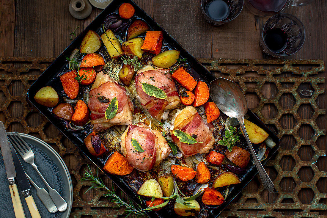 Roasted bacon chicken with sweet potatoes