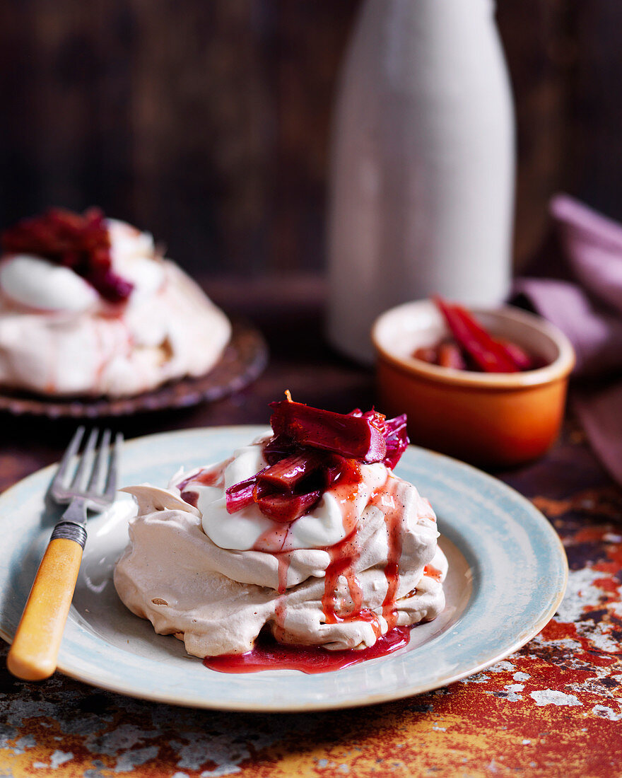 Golden Meringues with Baked Rhubarb