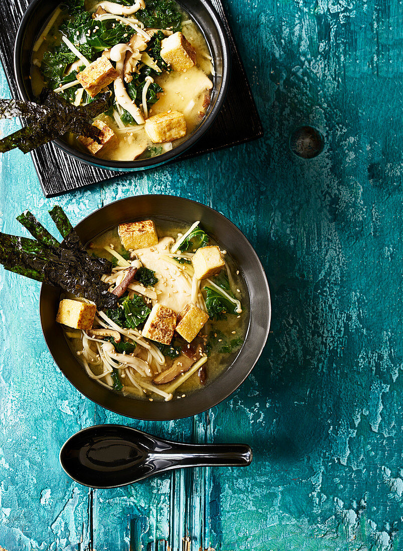 Miso Soup with Crispy Smoked Tofu