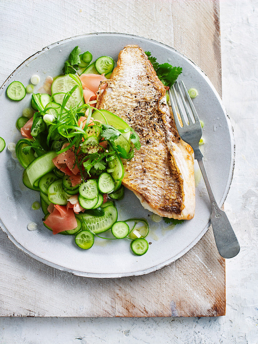 Snapper with Pickled Cucumber with Ginger Salad
