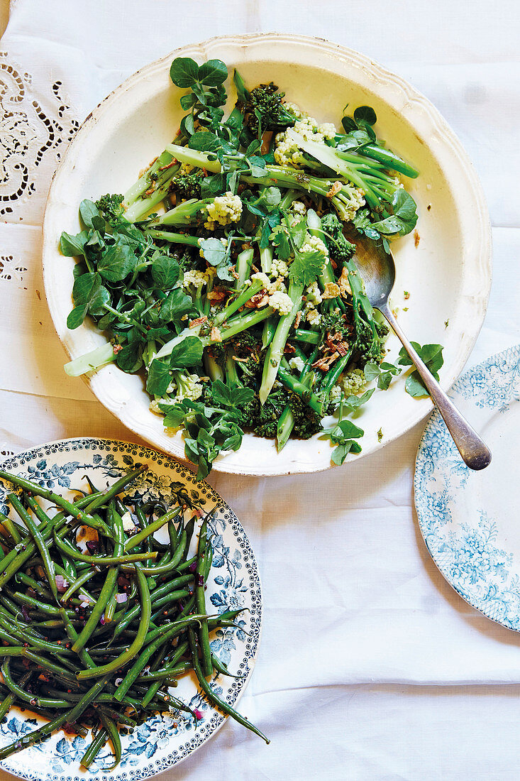 Green beans, broccolini, and cauliflower as side dishes