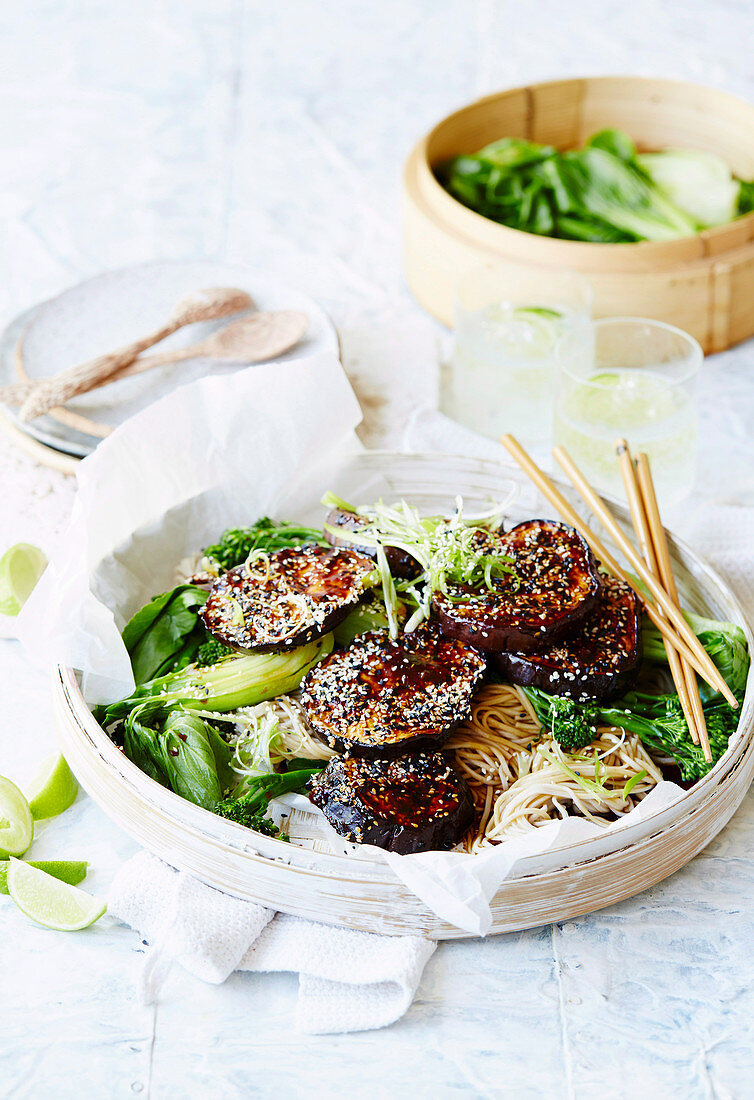 Hoisin-Baked Eggplant with Steamed Greens