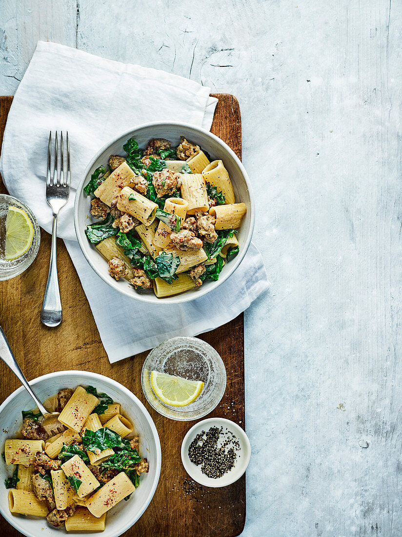 Pasta with sausage, kale and mustard