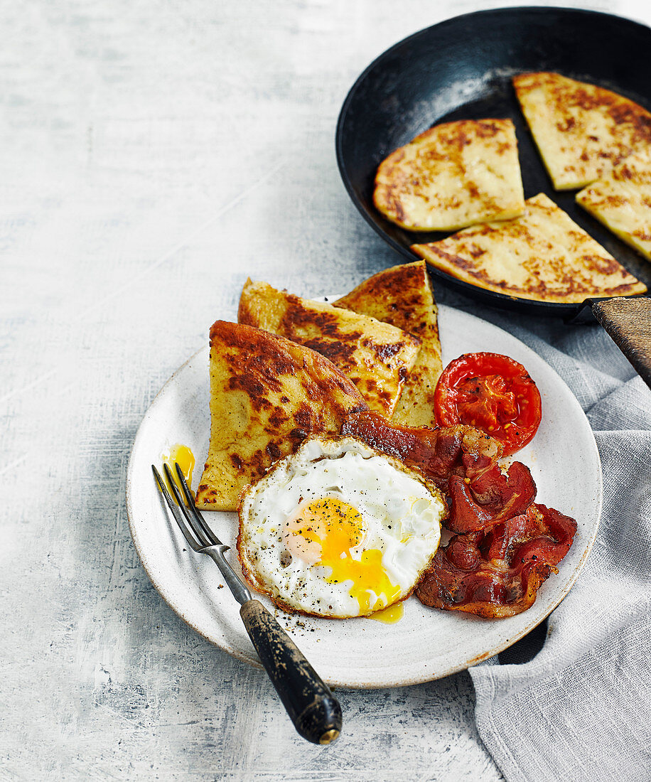 Potato farls with bacon and eggs