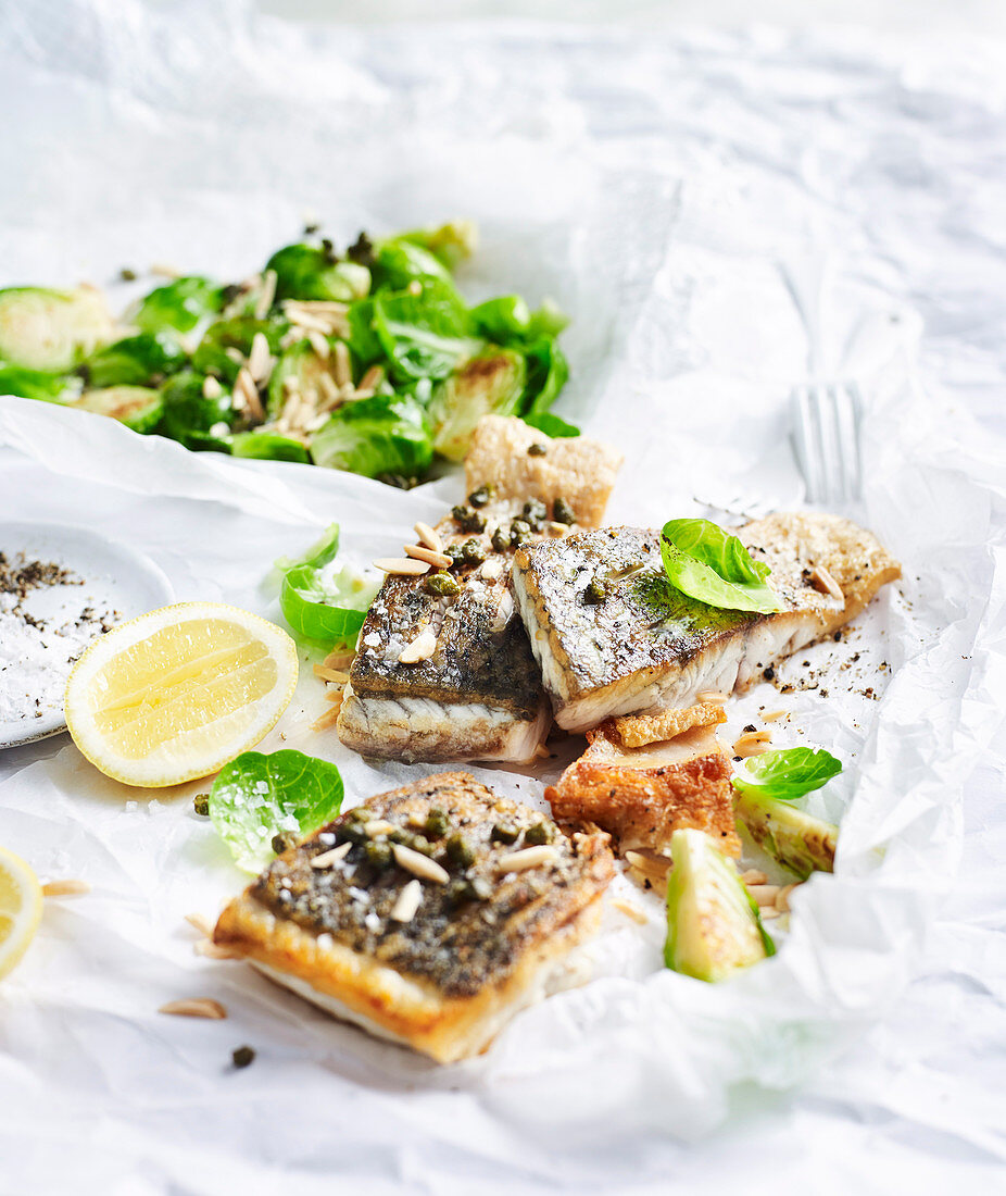 Barramundi with Roasted Sprouts and Crisp Capers