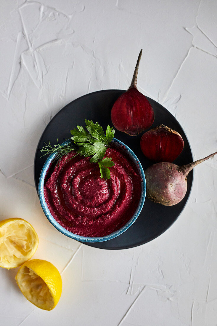 Beetroot hummus in a bowl