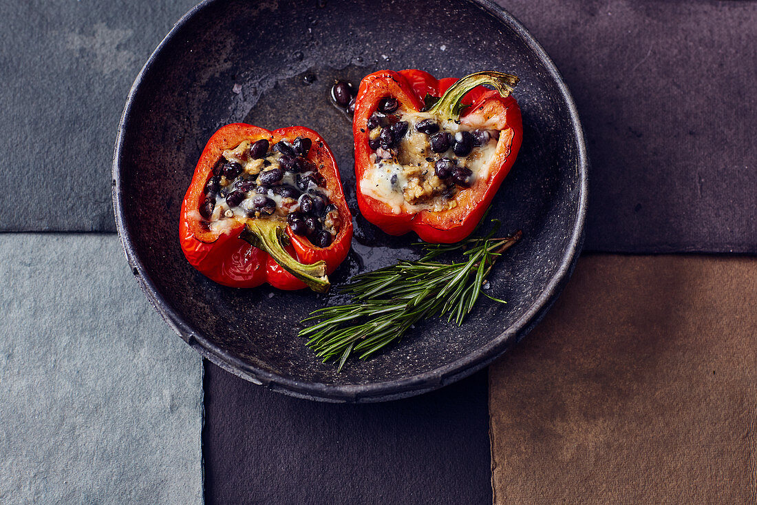 Stuffed pepper with black beans, tofu and cheese