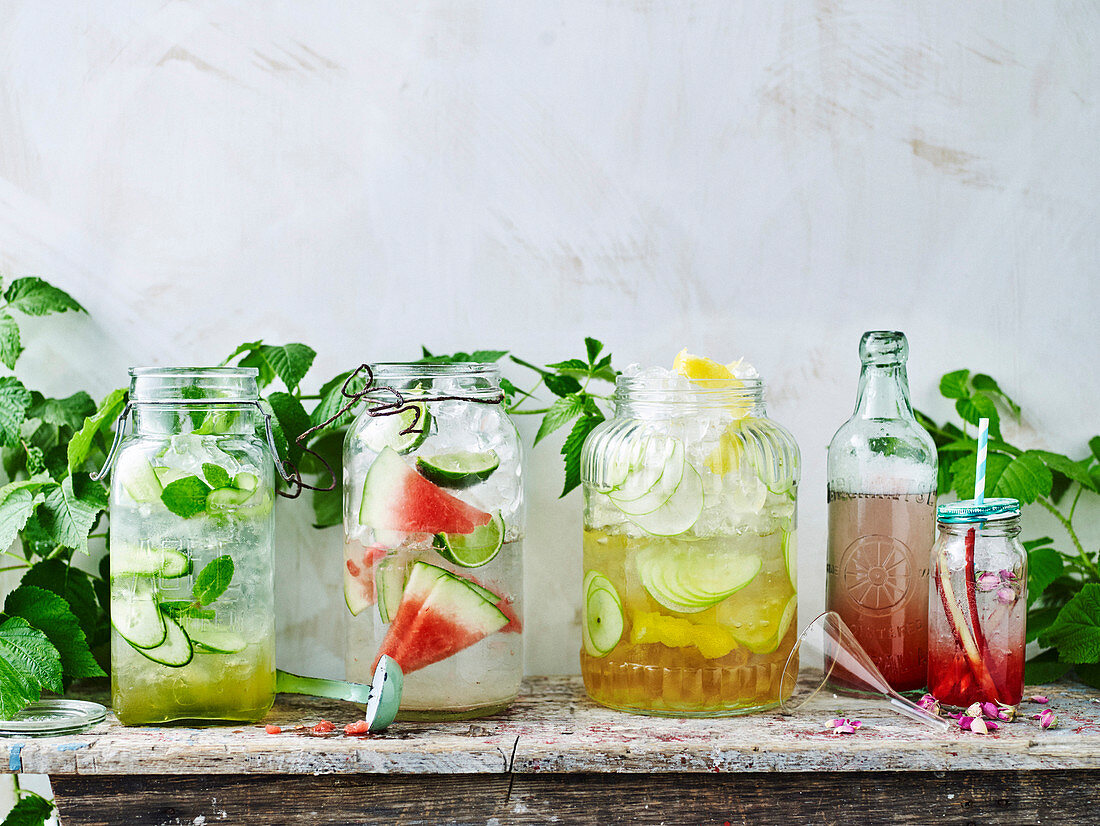 Elderflower, Mint and Cucumber Water, Watermelon and Lime Quencher, Spicy Apple Spritzer, Rhubarb and Rose Fizz