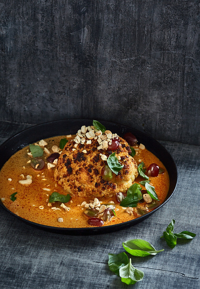 Roasted cauliflower with massaman curry and pickled grapes