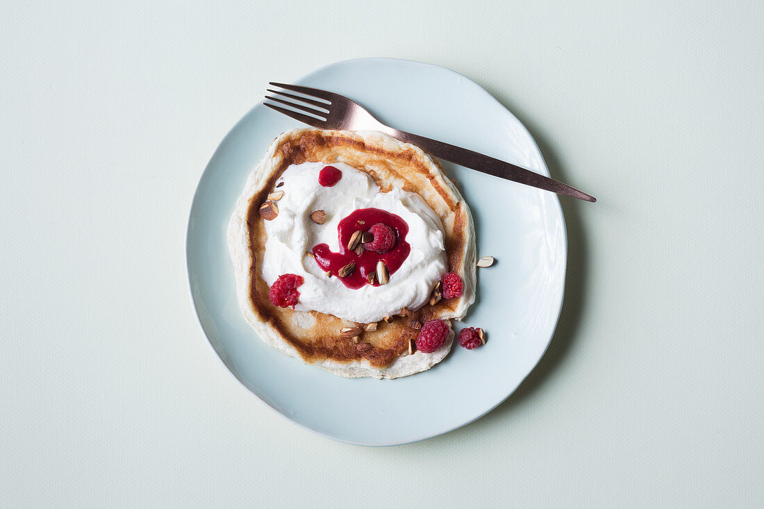 Panckaes with cream and raspberry sauce (keto cuisine)