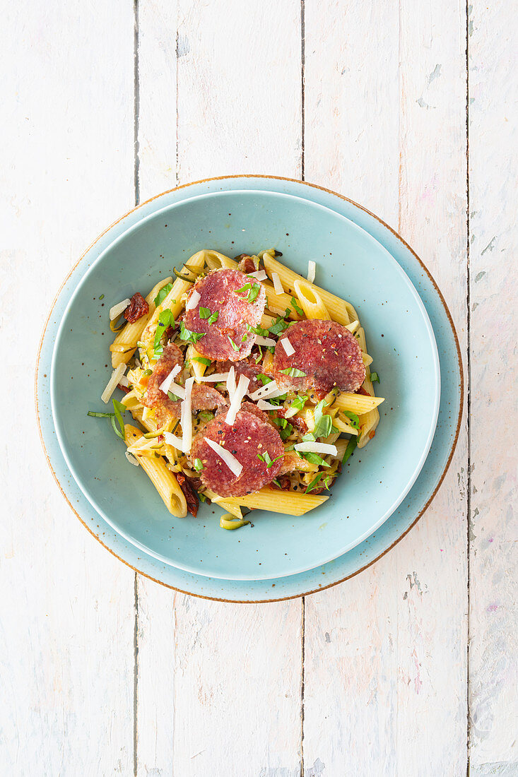 Quick courgette penne with alpine salami