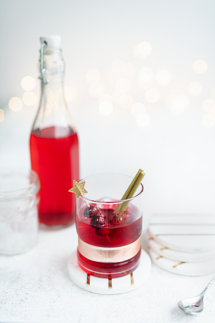 Cranberry-Wodka serviert mit Eis und Spießchen