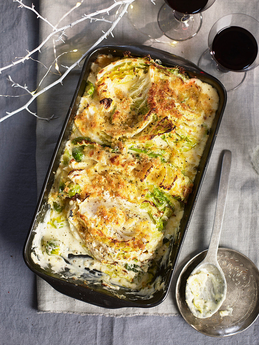 Sherried sprout and savoy gratin