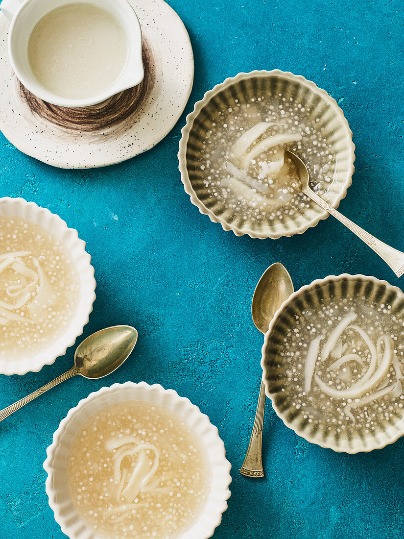 Thai saku pudding with coconut, jackfruit and tapioca pearls