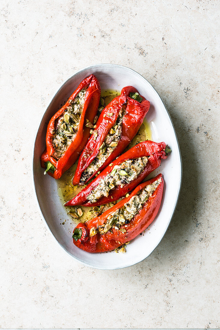 Pointed peppers filled with feta cheese and pistachio nuts (Israel)
