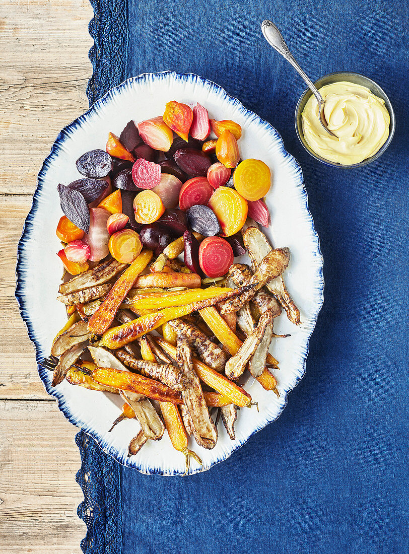 Roasted winter vegetables with smoked mayo