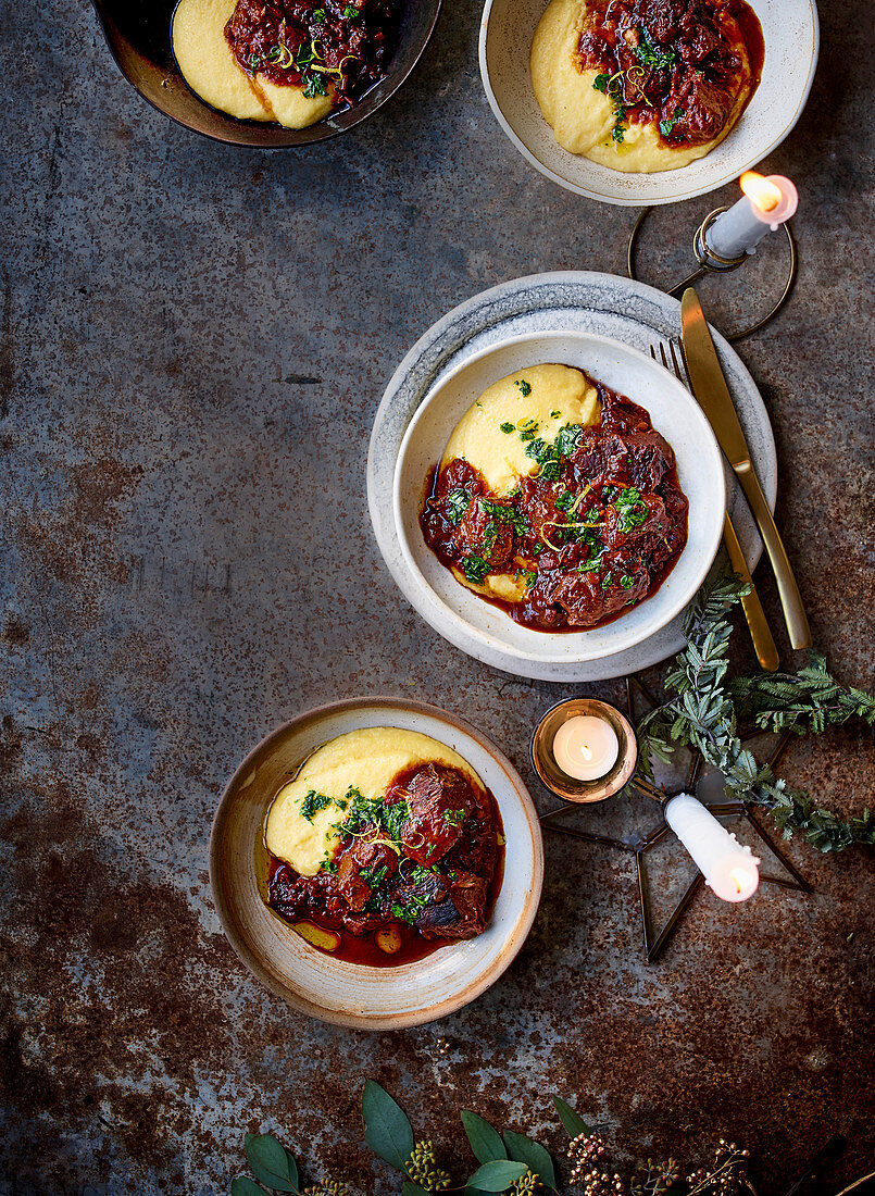 Venison and sloe gin stew with cheesy polenta