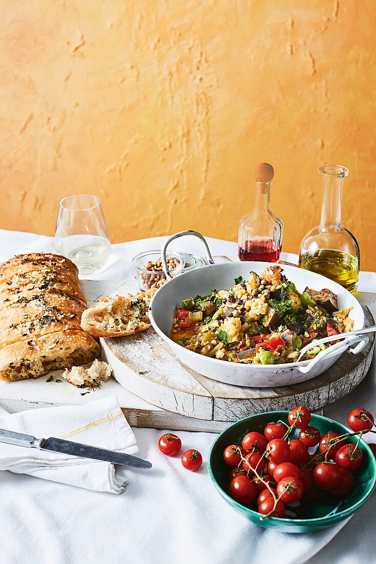 Caponata with grilled garlic ciabatta