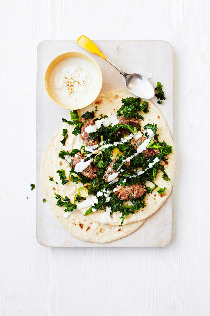 Lamb koftes with kale and sprout salad