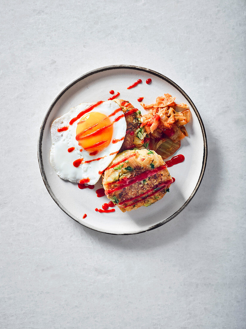 Kimchi bubble and squeak cakes with fried egg