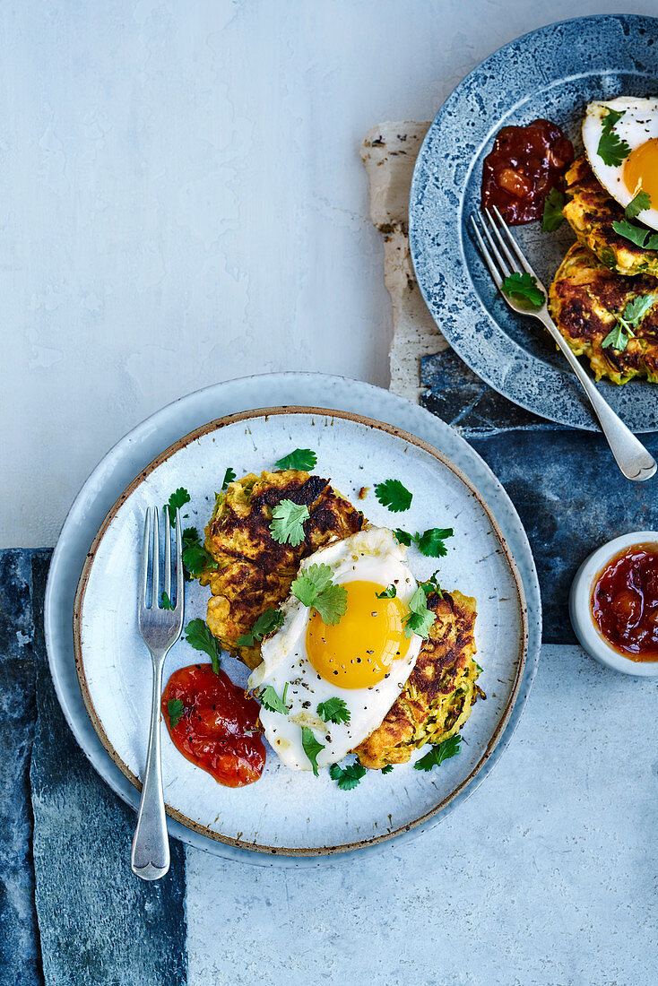 Spiced sprout fritters with duck eggs