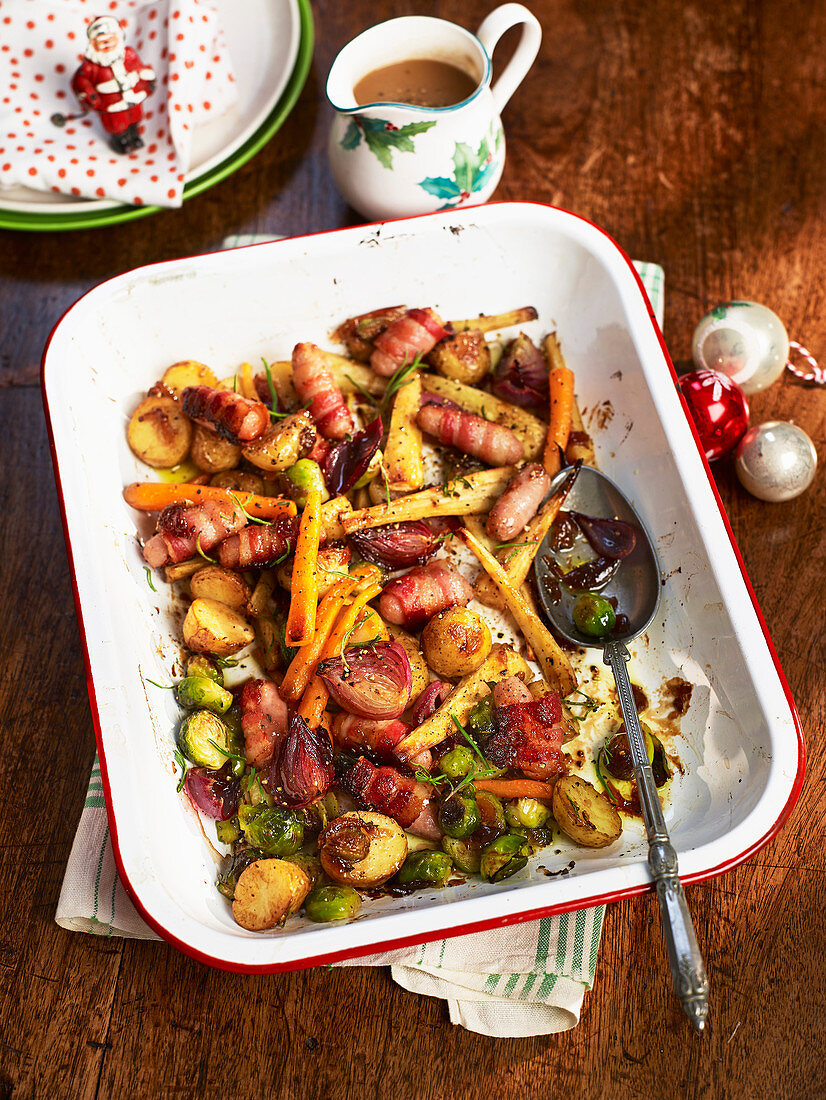 Roasted vegetables with cocktail sausages
