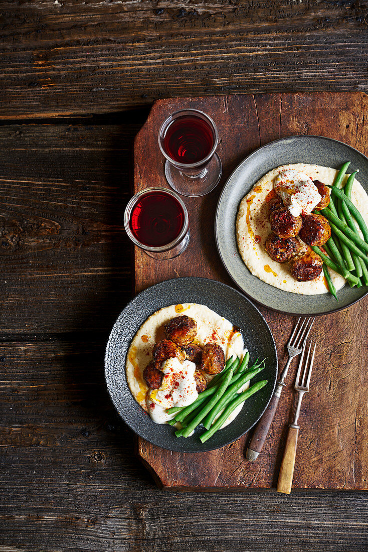 Creamed Beans with Tahini and Lamb Meatballs