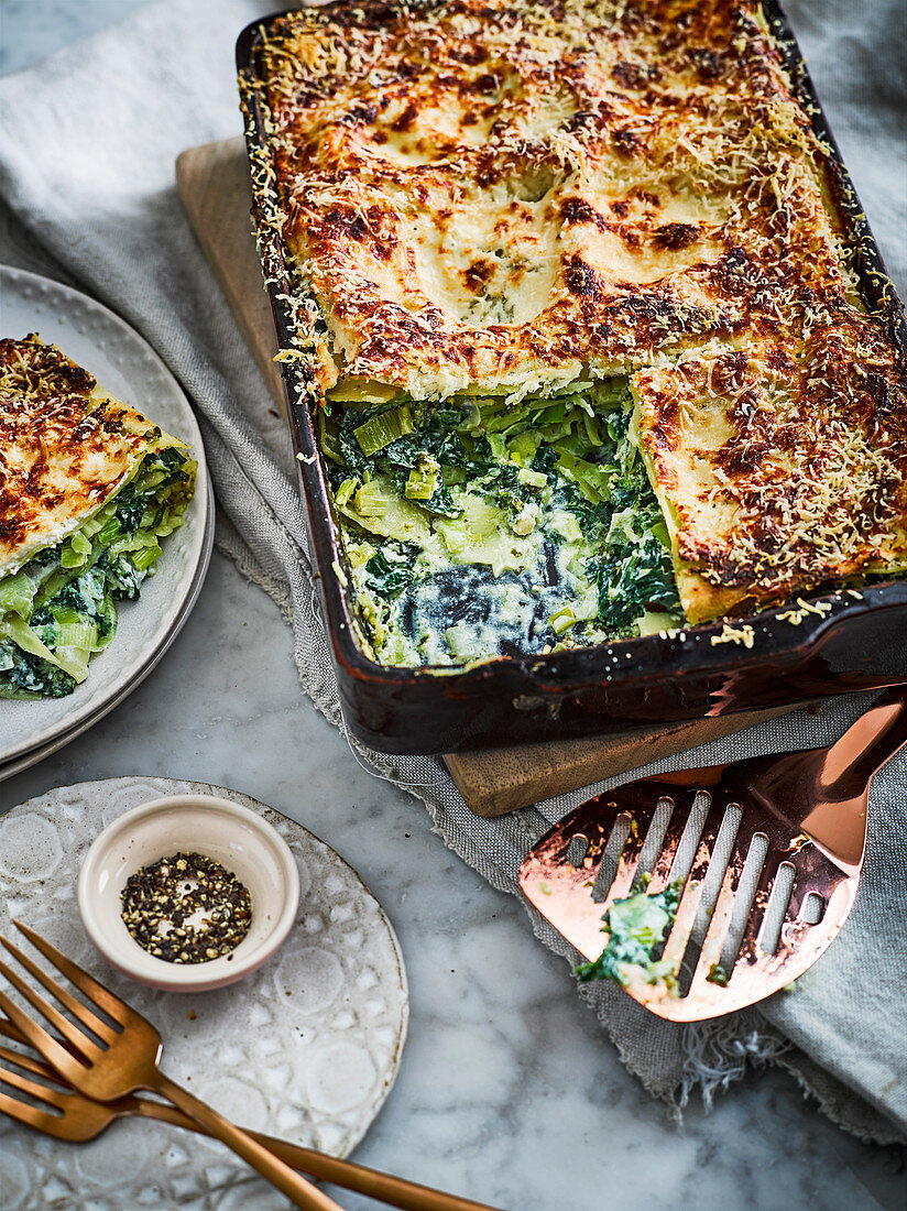 Gemüselasagne mit Grünkohl, Lauch und Ricotta