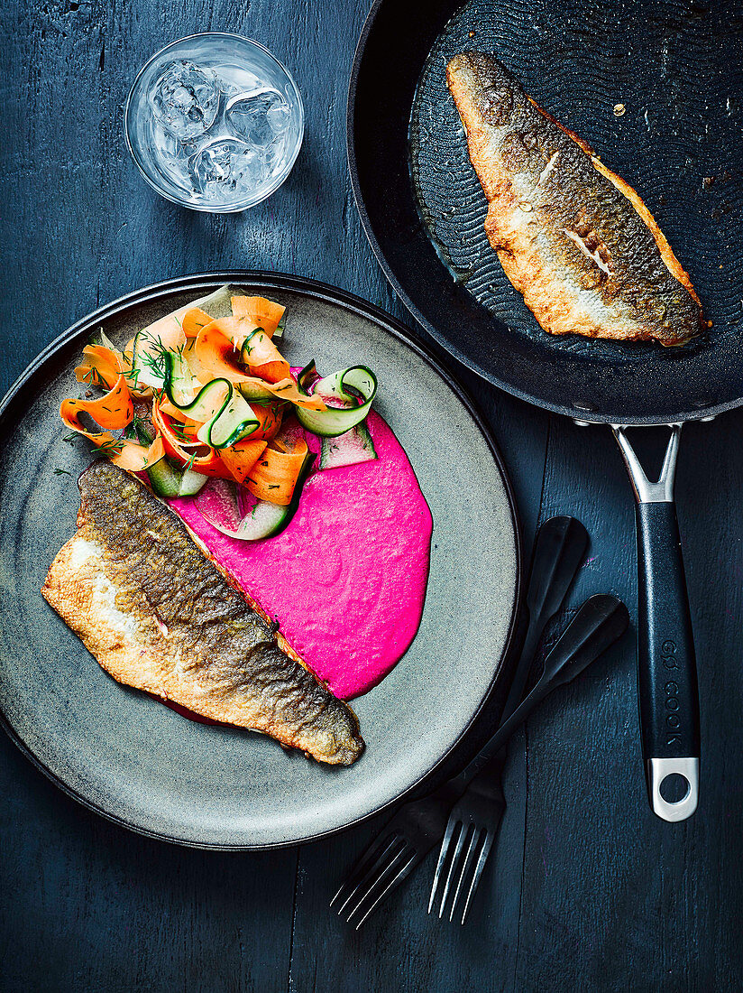 Crispy sea bass with blitzed beetroot and quick pickled veg
