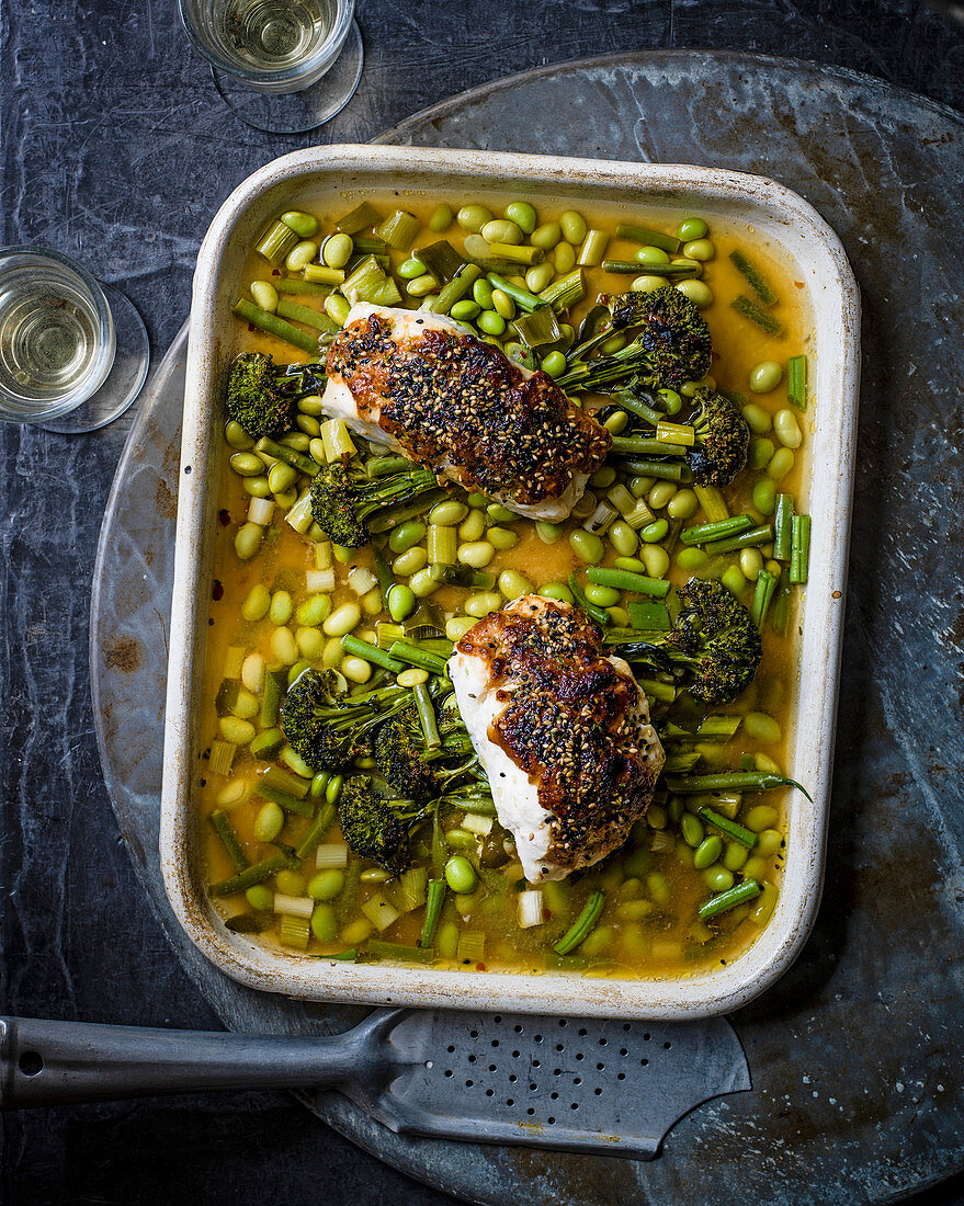 Miso-buttered cod with broccoli sesame and beans