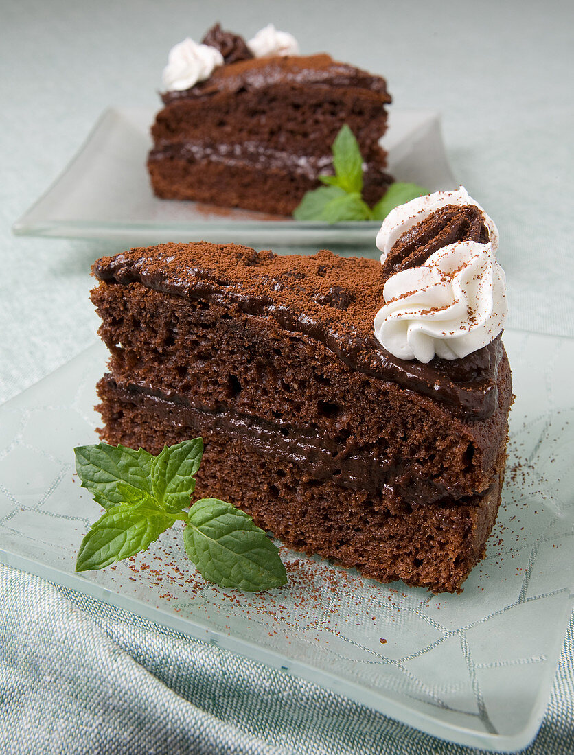 Chocolate cream cake with cream and peppermint