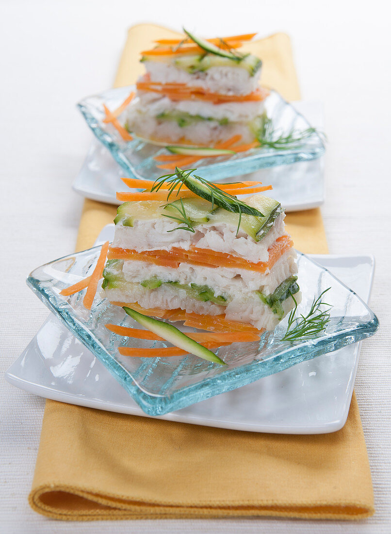 Trout millefeuille with carrots, courgettes and dill
