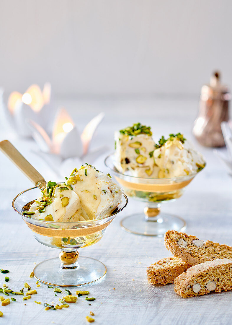 Ricotta semifreddo with honey, lemon and pistachio