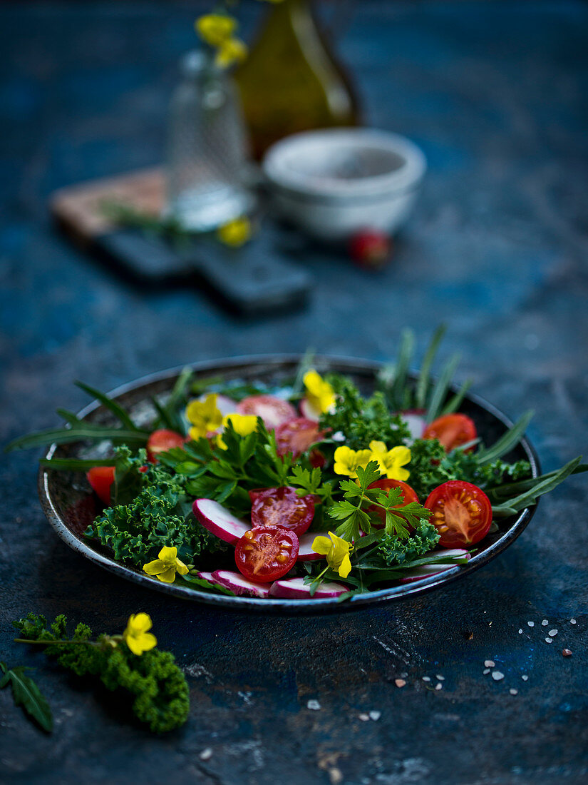 Fresh salad with cherry tomatoes kale and radish