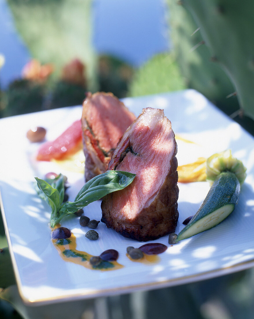 Beef roulade with a caper sauce and courgette