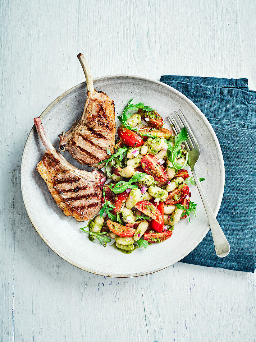 Lamb cutlets with pesto and beans