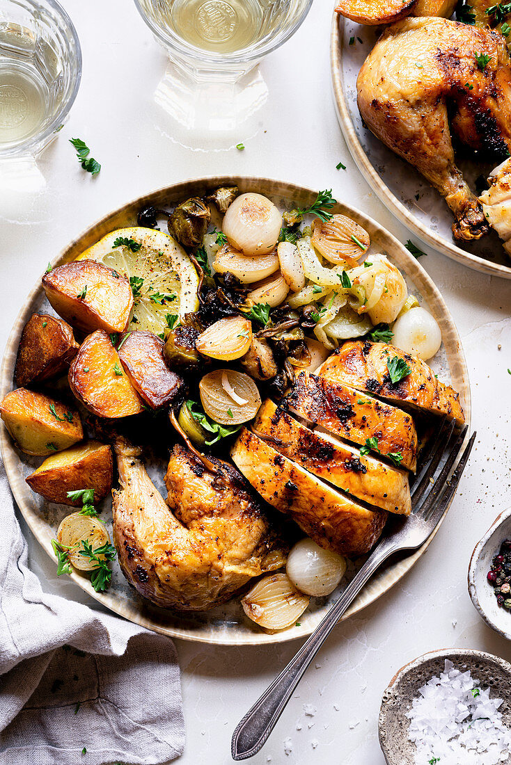 Roast Chicken with Grilled Brussels Sprouts, Chanterelles and Roasted Potatoes