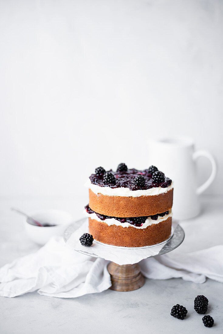 Vanilla Layer Cake With A Buttercream Frosting and Blackberry Jam
